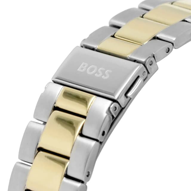 Clasp detail of silver bracelet with BOSS logo