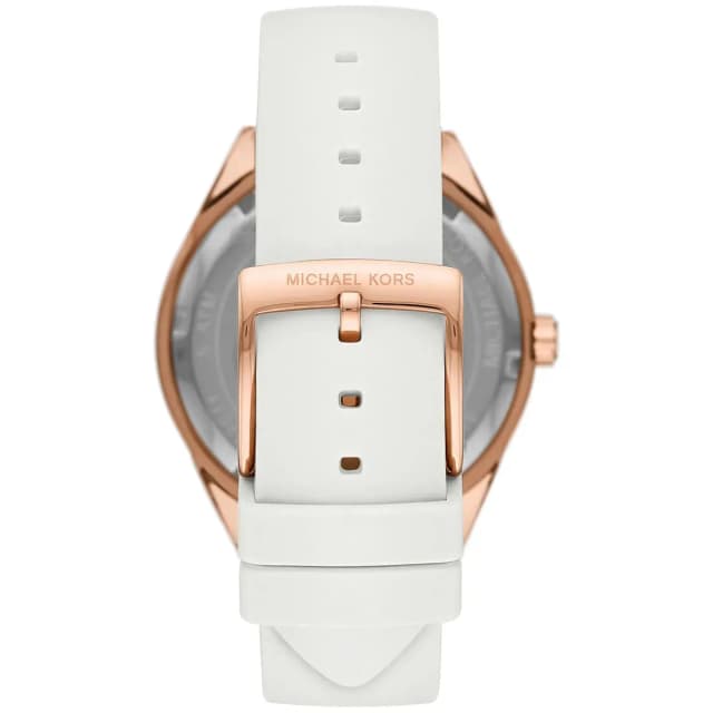 Clasp of white rubber strap with Michael Kors logo