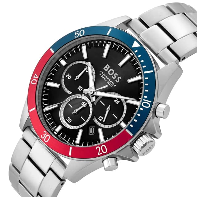 Close-up of the black chronograph dial