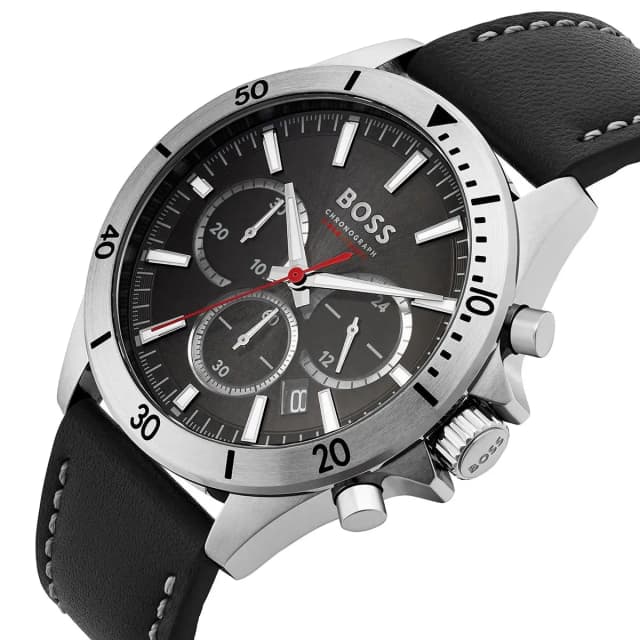 Close-up of the black dial with silver markers