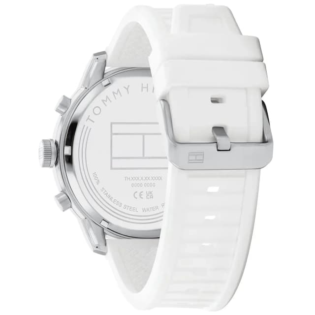 Close-up of the white rubber strap with textured finish.