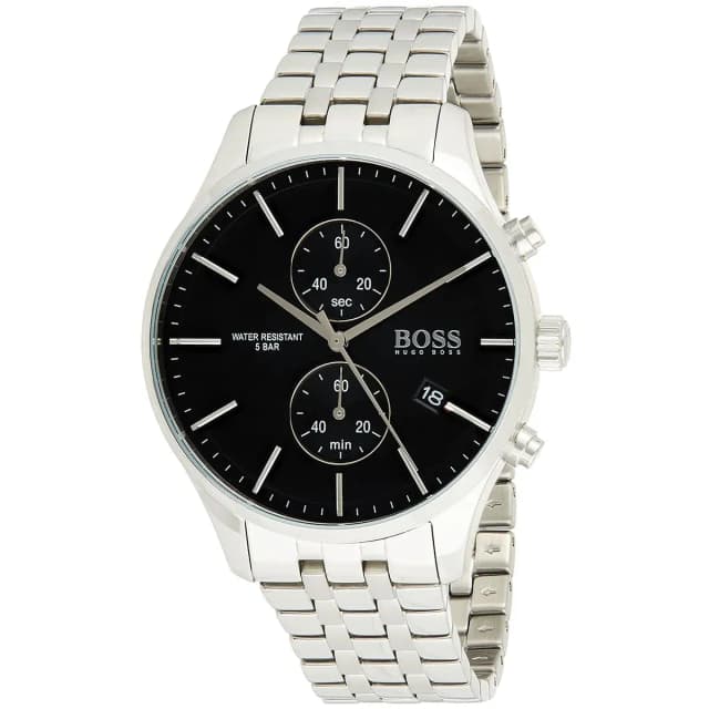 Detailed look at the black dial with silver hands