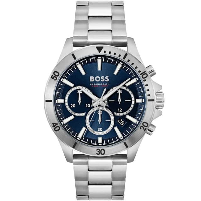 Front view showing the blue dial and silver strap.