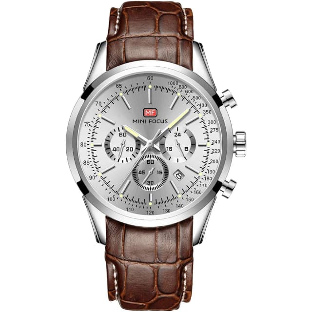Front view showing the full silver dial and classic design