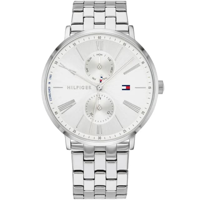 Front view showing the silver dial and matching bracelet