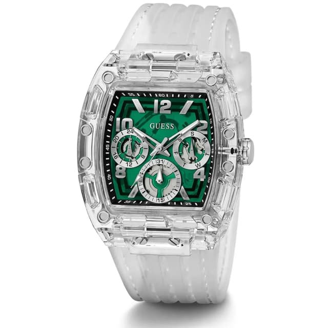 Side Angle of GUESS Watch with Transparent Strap