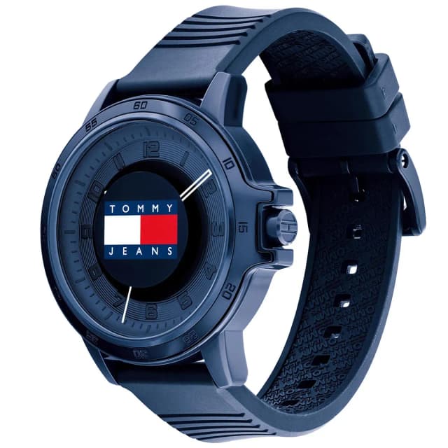 Side view – profile of the blue case and strap