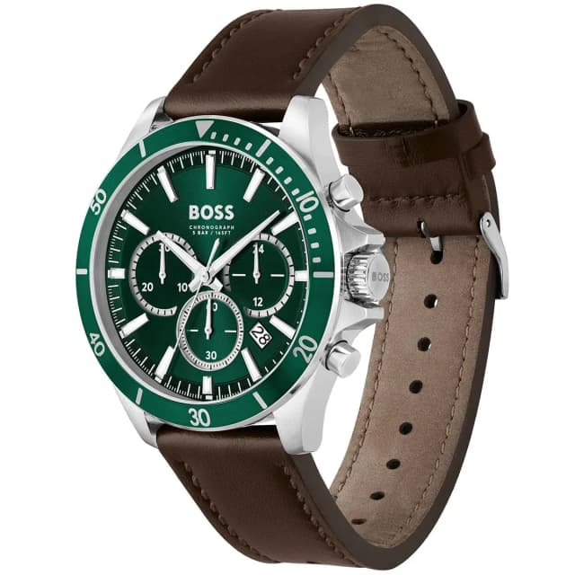 Side view showing the crown and chronograph buttons