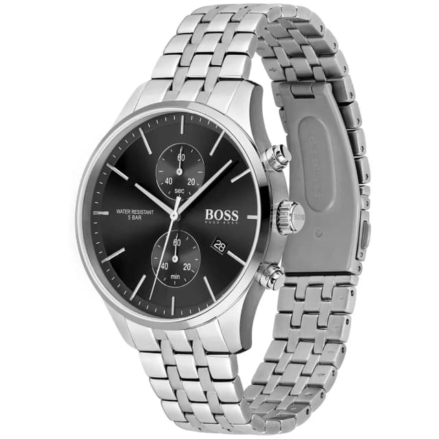 Side view showing the silver case of the watch