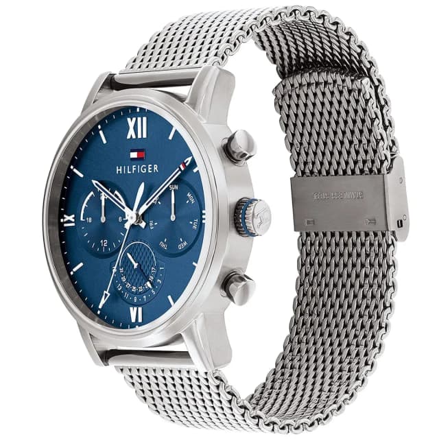 Slim side view with a seamless metal bracelet.